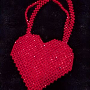 Red Heart-Shaped Beaded Women's Bag